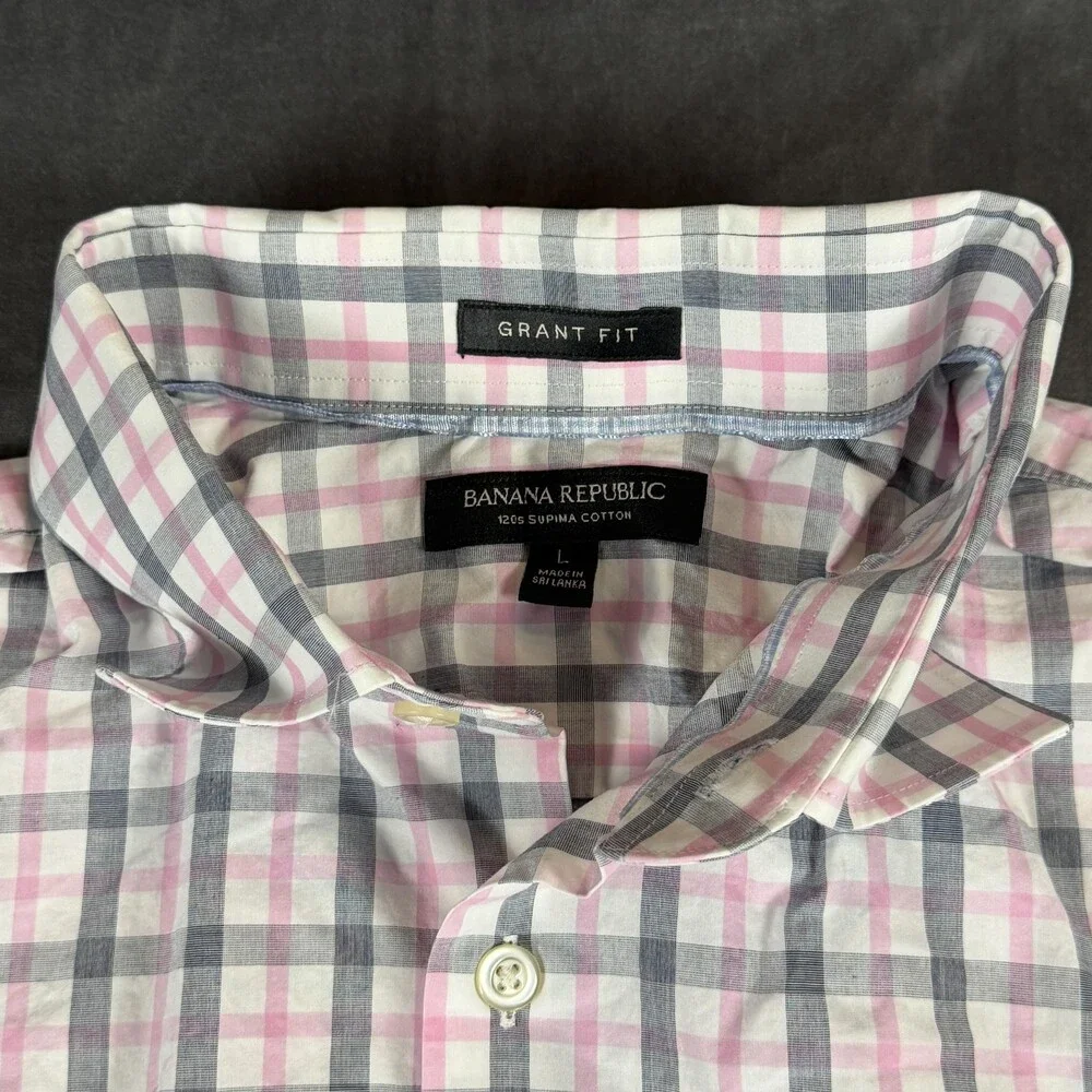 Banana Republic Dress Shirt Mens Large Pink Plaid Grant Fit Slim Long Sleeve